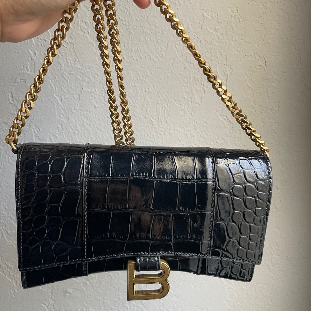 Balenciaga Hourglass Shiny Mock-Croc Chain Wallet